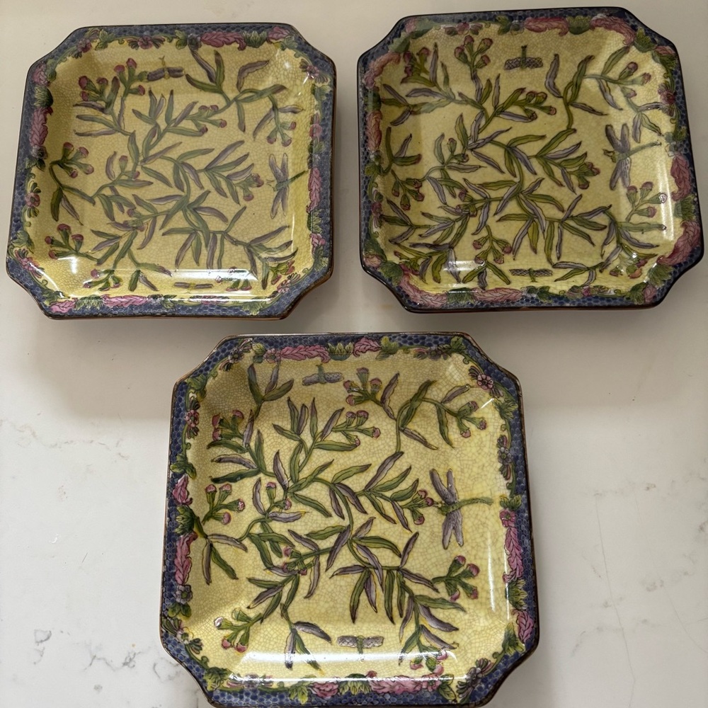 3 Decorative Display Floral Plates light green, purple, pink with Dragonflies
